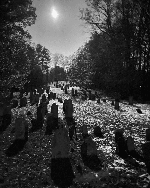 black and white photo of an old cemetery at night, with headstones casting long shadows under a bright moon and surrounding leafless trees.