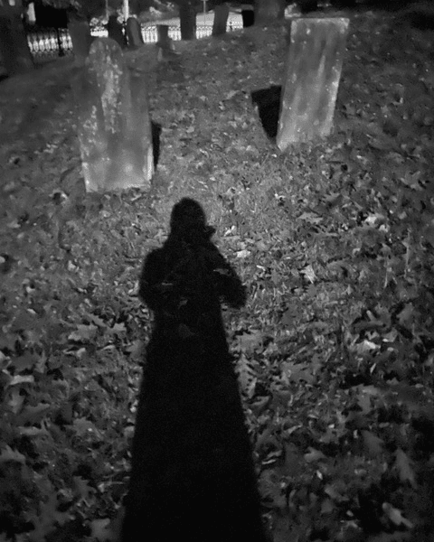 a shadow of a person falls between two old gravestones in a cemetery at night, with fallen leaves covering the ground.