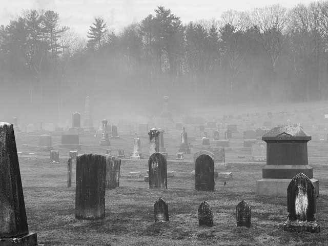 a foggy cemetery with numerous old headstones and monuments scattered across a grassy field, surrounded by bare trees.