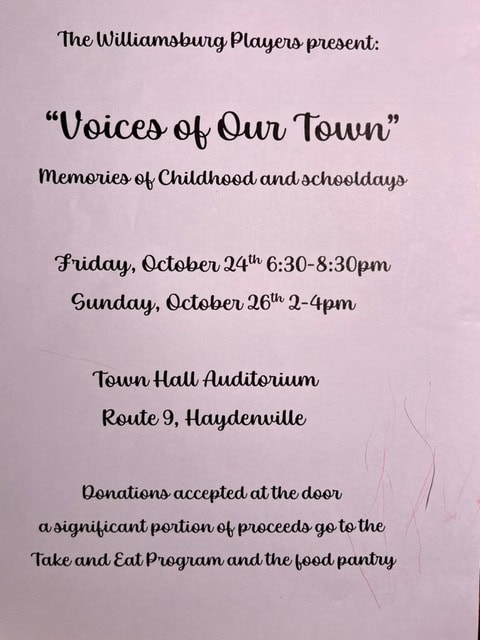event flyer for “voices of our town” by the williamsburg players, detailing dates, times, location, and donation information for performances at town hall auditorium in haydenville.