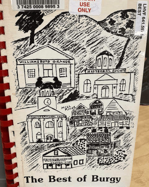 black and white illustrated book cover titled "the best of burgy," showing various town buildings, including a grange, historical society, church, and general store.