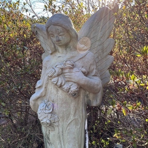 weathered stone angel statue holding flowers, surrounded by green shrubs with sunlight shining from behind.