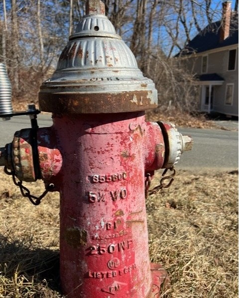 a red fire hydrant with visible rust and chipped paint stands on dry grass near a residential street. a house and bare trees are in the background.